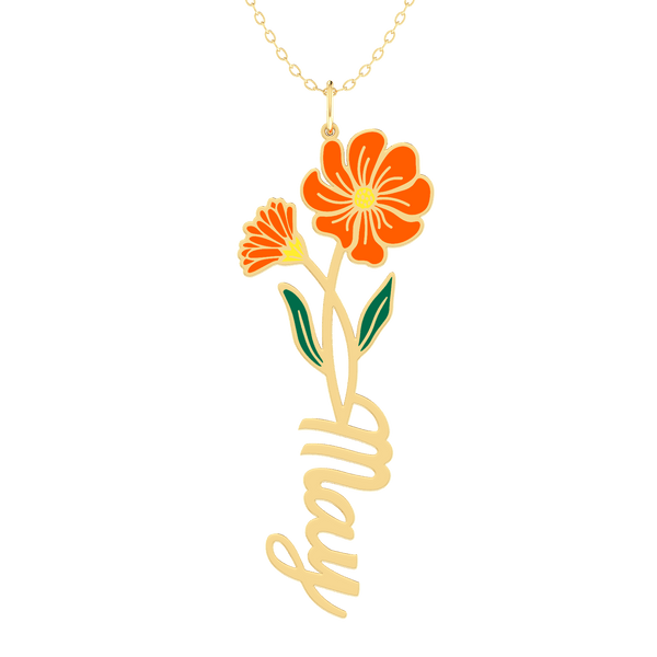 Birth Flower Name Enamel Gold 18K Necklace