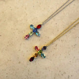 Multi-color oval shaped gemstones cross pendant gold 18k and silver necklace.