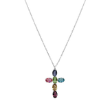 Multi-color oval shaped gemstones cross pendant white gold 18k and silver necklace.