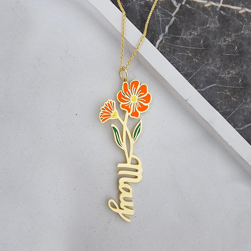 Birth Flower Name Enamel Gold 18K Necklace