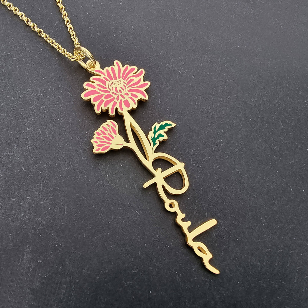 Birth Flower Name Enamel Necklace