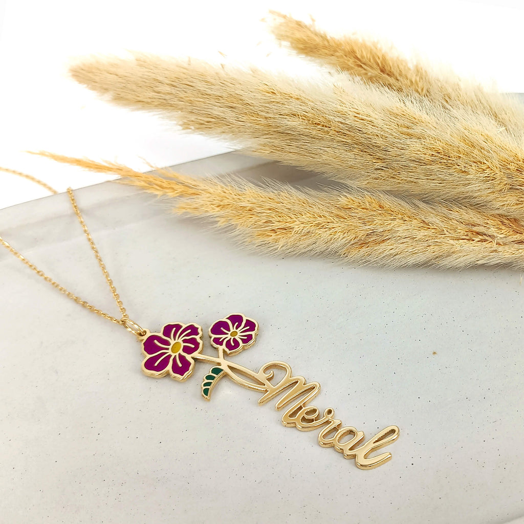 Birth Flower Name Enamel Necklace