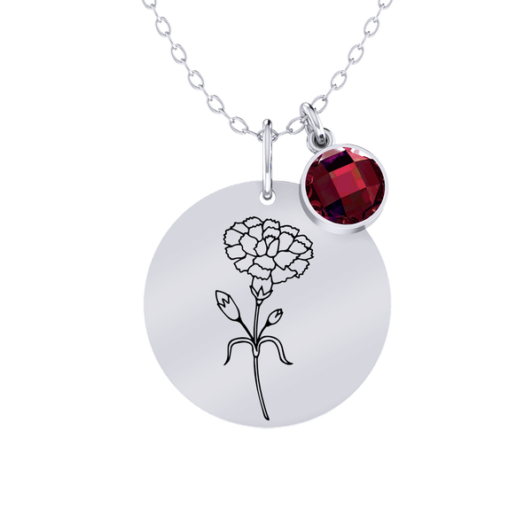 Birth Flower Round Pendant Silver Necklace
