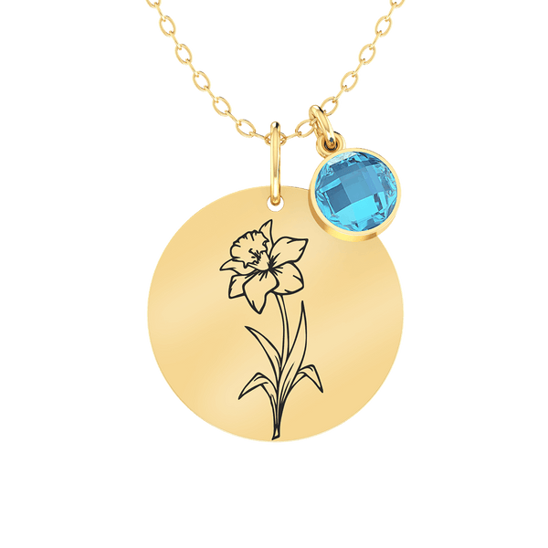 Birth Flower Round Pendant Gold 18K Necklace