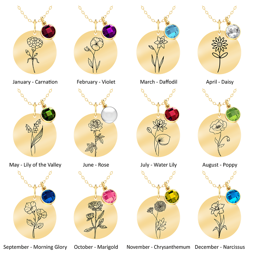 Birth Flower Round Pendant Necklace