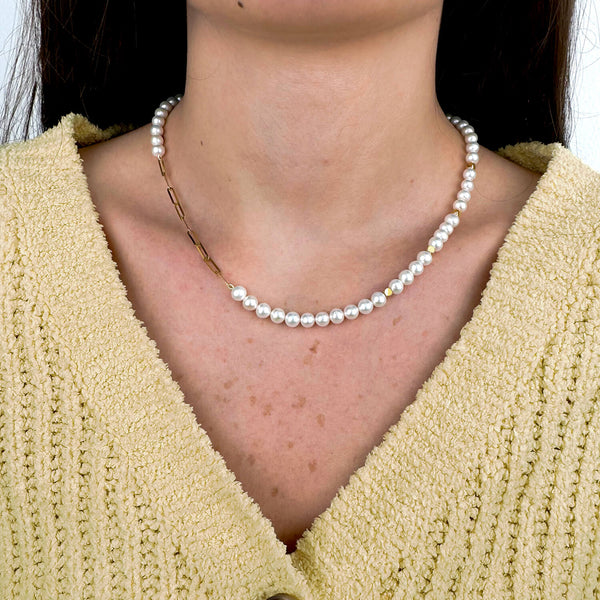 Freshwater Pearl and Paper Clip Gold 18K Necklace