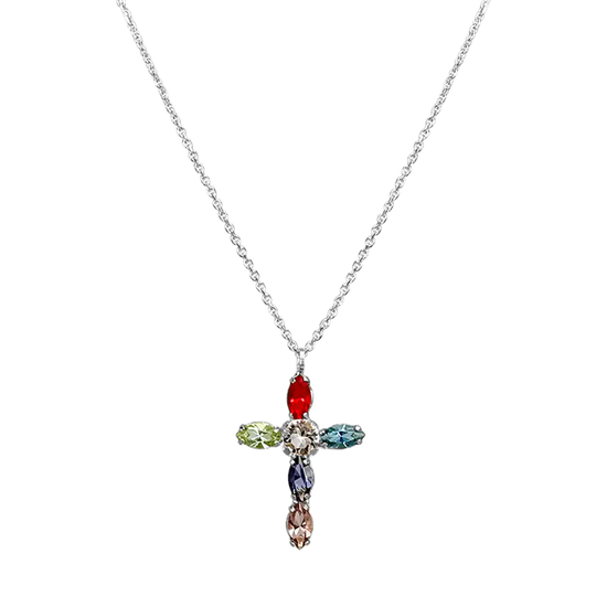 Multi-color oval shaped gemstones cross pendant white gold 18k and silver necklace.