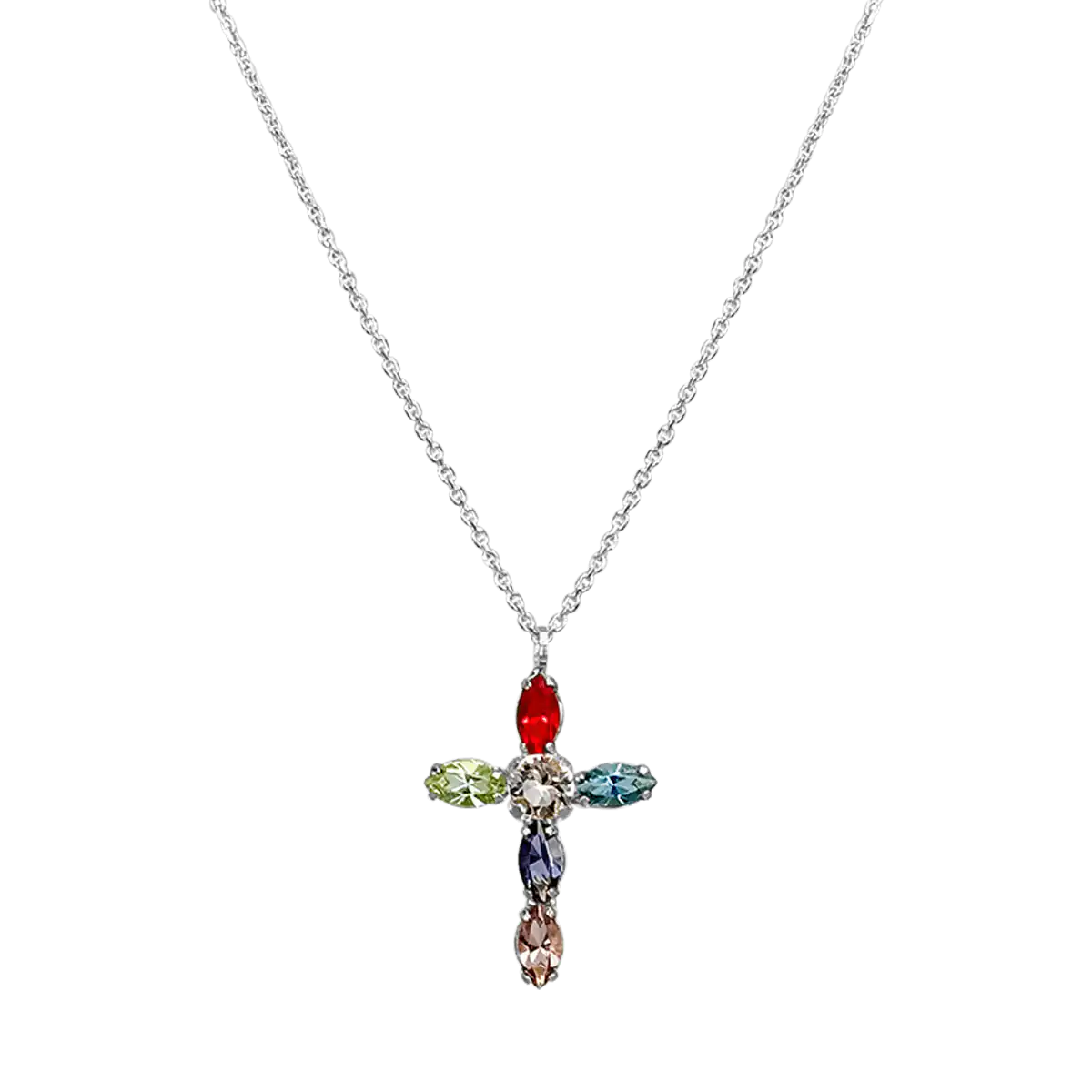 Multi-color oval shaped gemstones cross pendant white gold 18k and silver necklace.