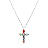 Multi-color oval shaped gemstones cross pendant white gold 18k and silver necklace.