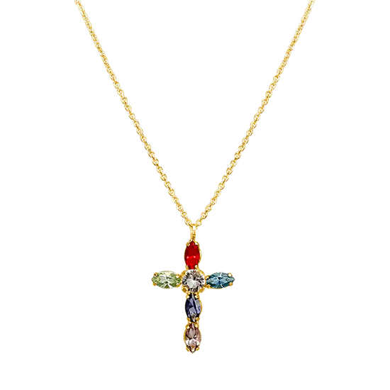 Multi-color oval shaped gemstones cross pendant gold 18k and silver necklace.