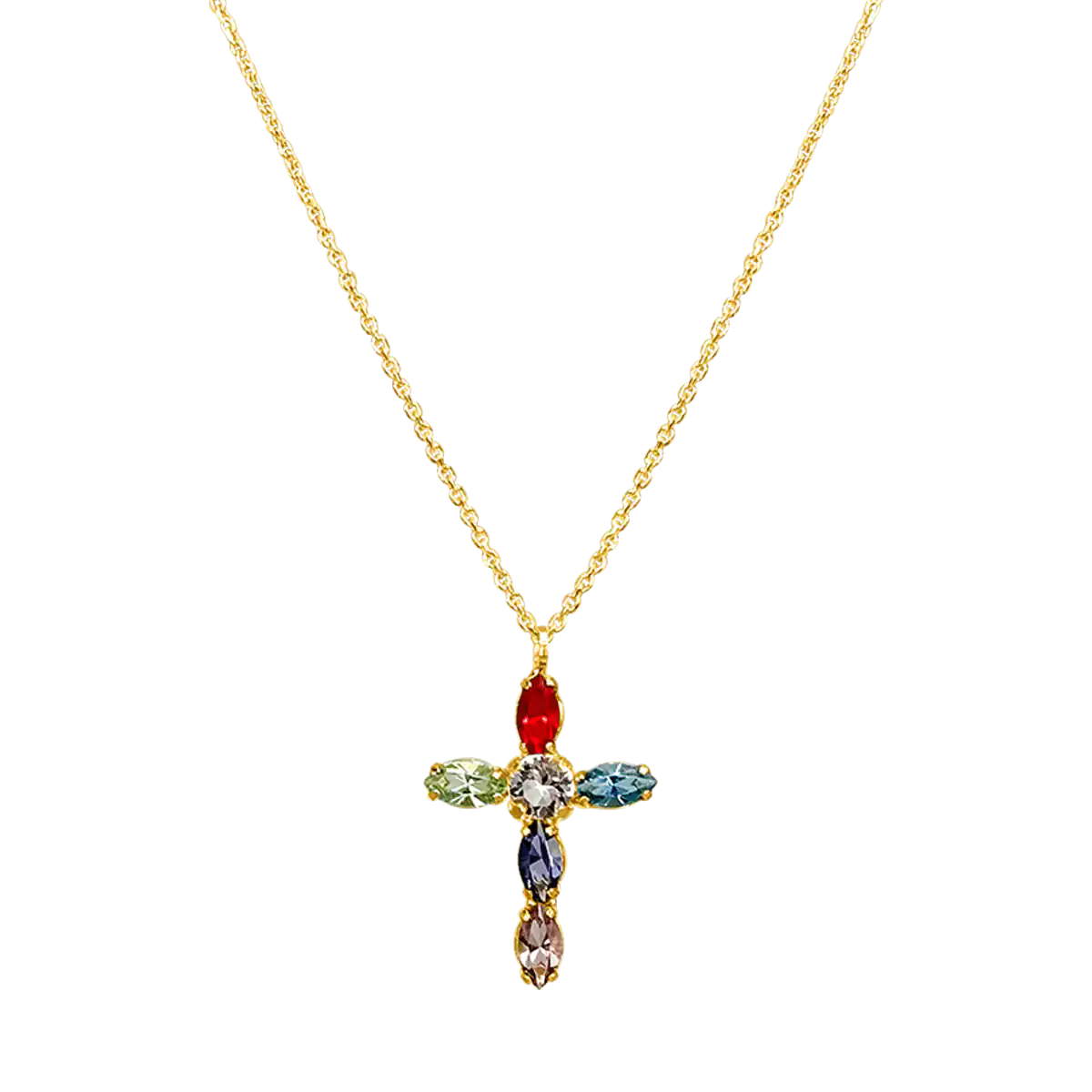 Multi-color oval shaped gemstones cross pendant gold 18k and silver necklace.