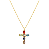 Multi-color oval shaped gemstones cross pendant gold 18k and silver necklace.