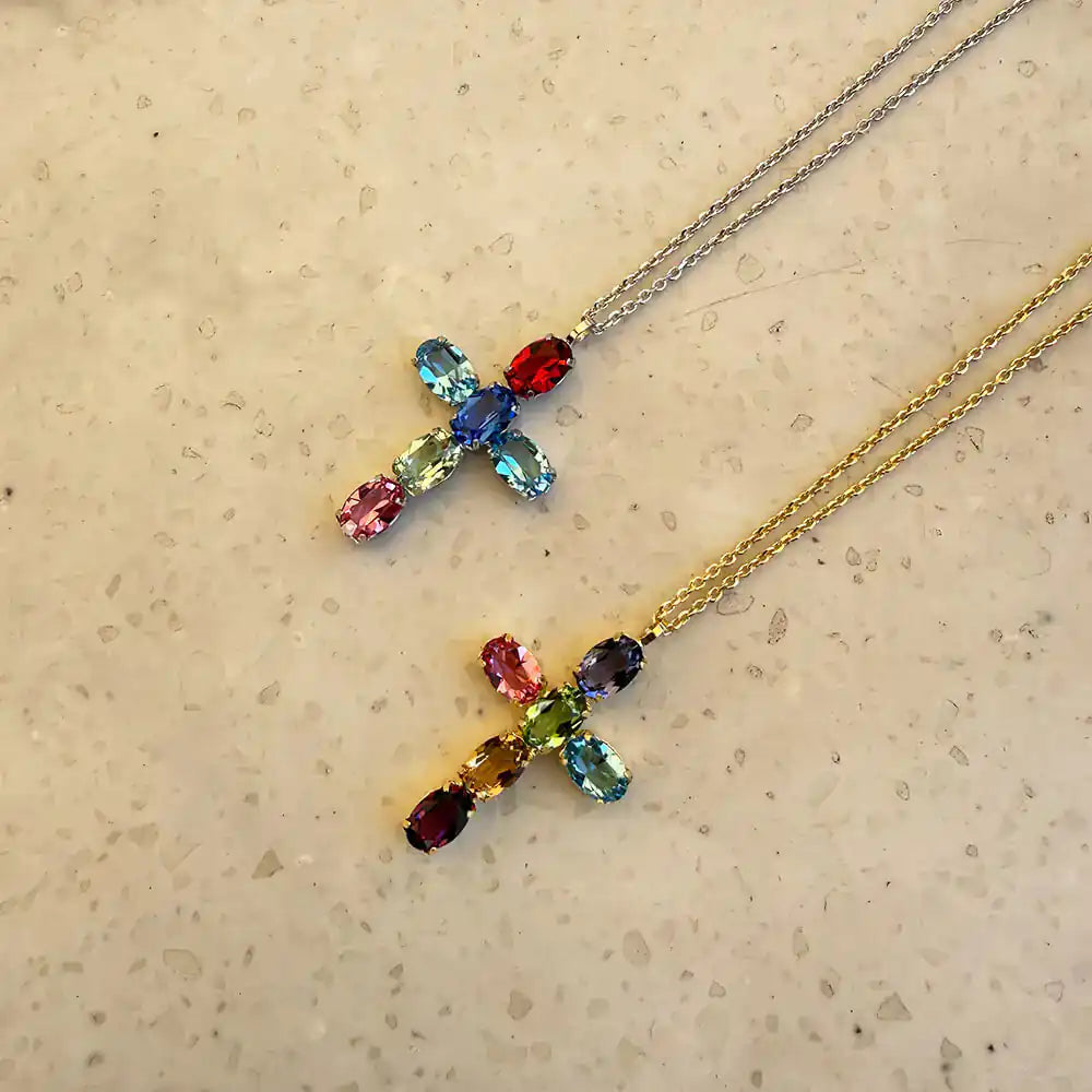 Multi-color oval shaped gemstones cross pendant gold 18k and silver necklace.