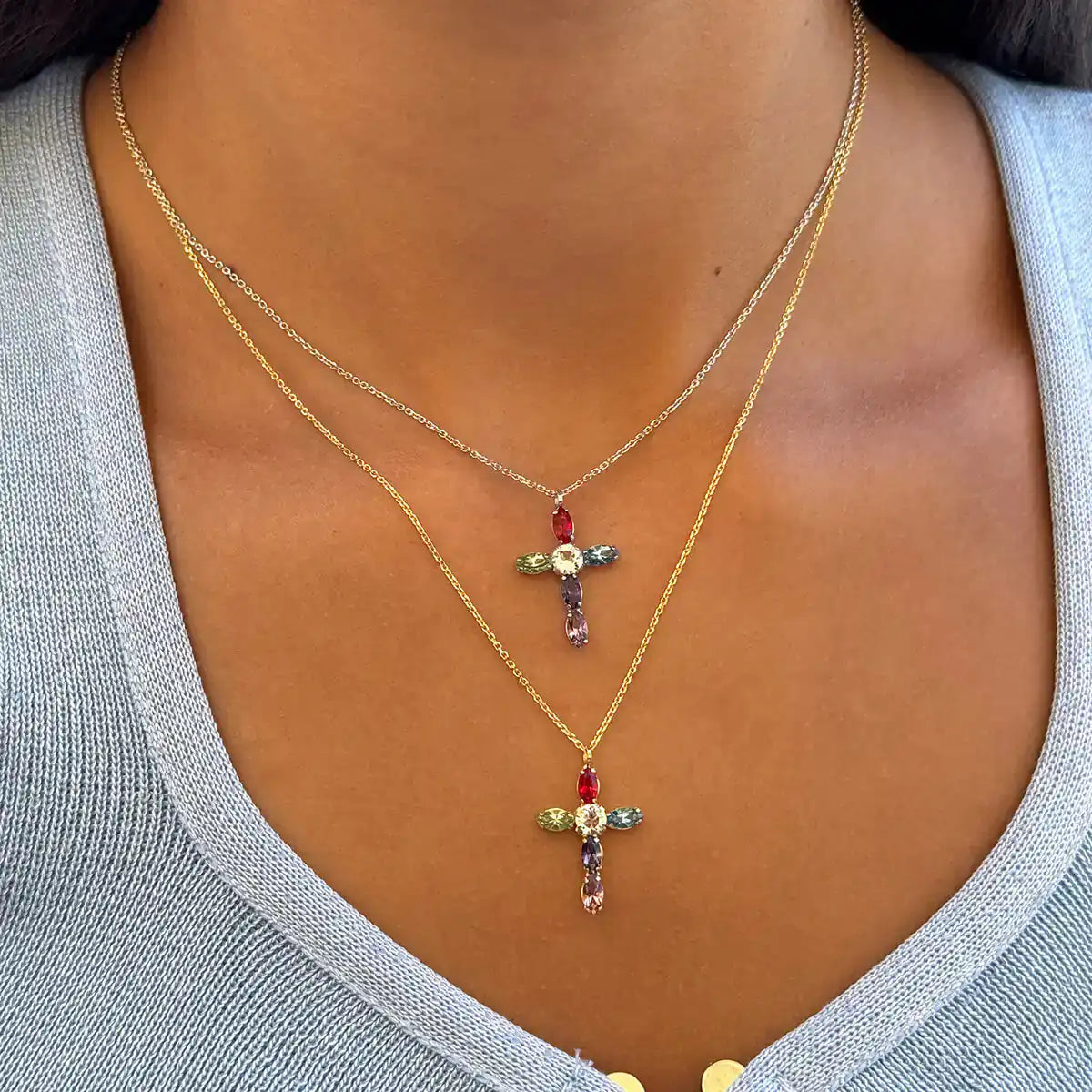 Multi-color oval shaped gemstones cross pendant gold 18k and silver necklace.