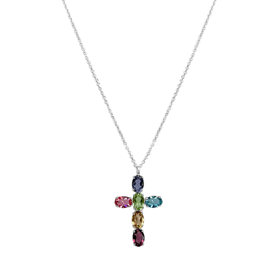 Multi-color oval shaped gemstones cross pendant white gold 18k and silver necklace.