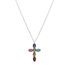 Multi-color oval shaped gemstones cross pendant white gold 18k and silver necklace.