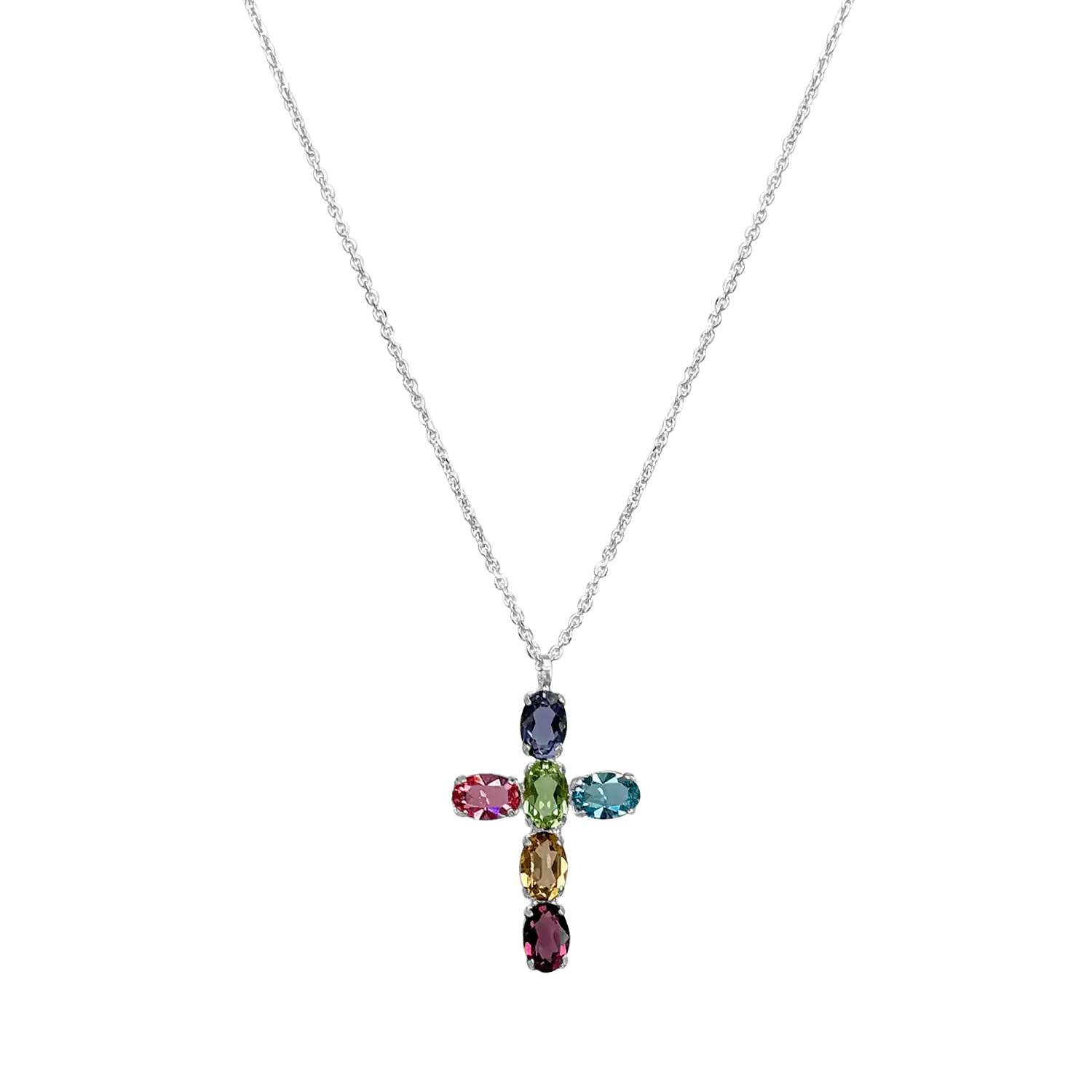 Multi-color oval shaped gemstones cross pendant white gold 18k and silver necklace.