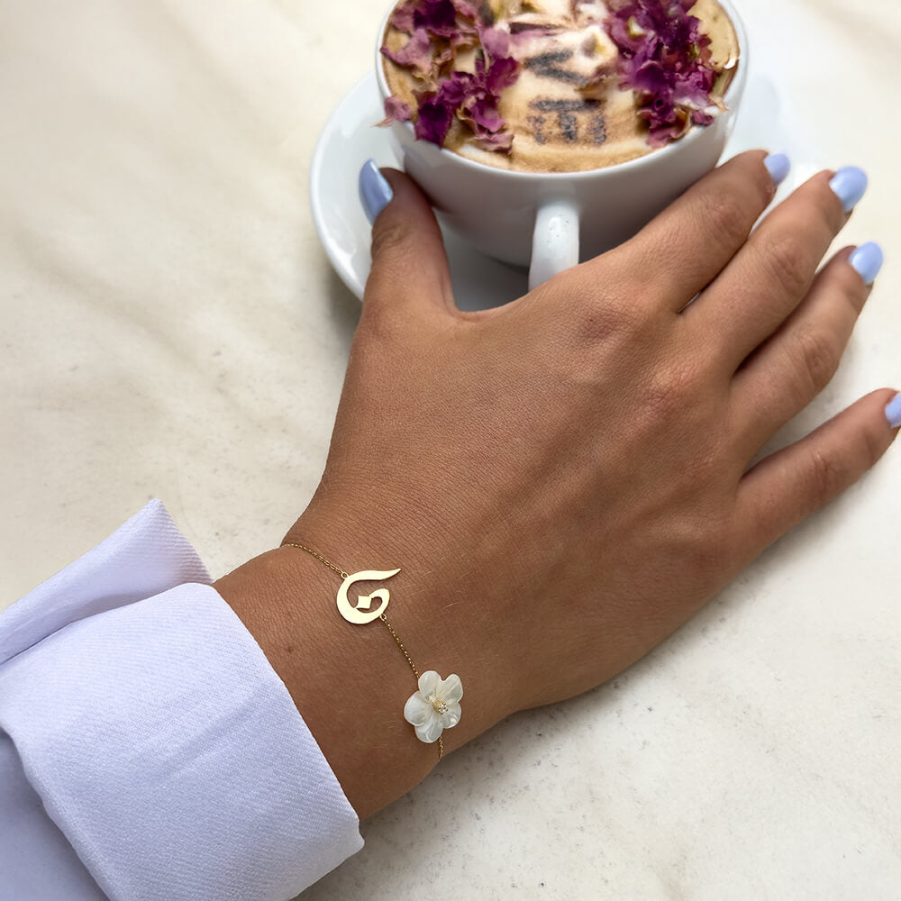 Arabic Initial Pearl Flower Bracelet
