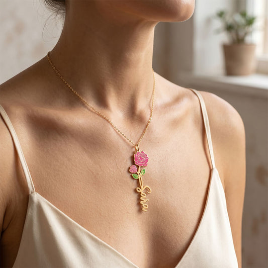 Birth Flower Name Enamel Necklace