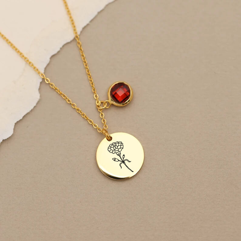 Birth Flower Round Pendant Necklace