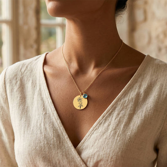 Birth Flower Round Pendant Necklace