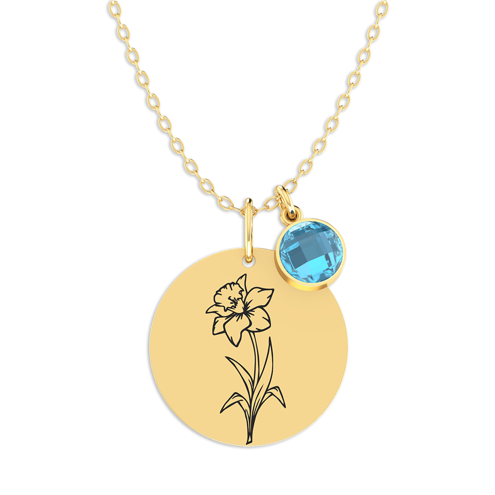 Birth Flower Round Pendant Necklace - Silver 925 & Gold 18K | Pegor ...