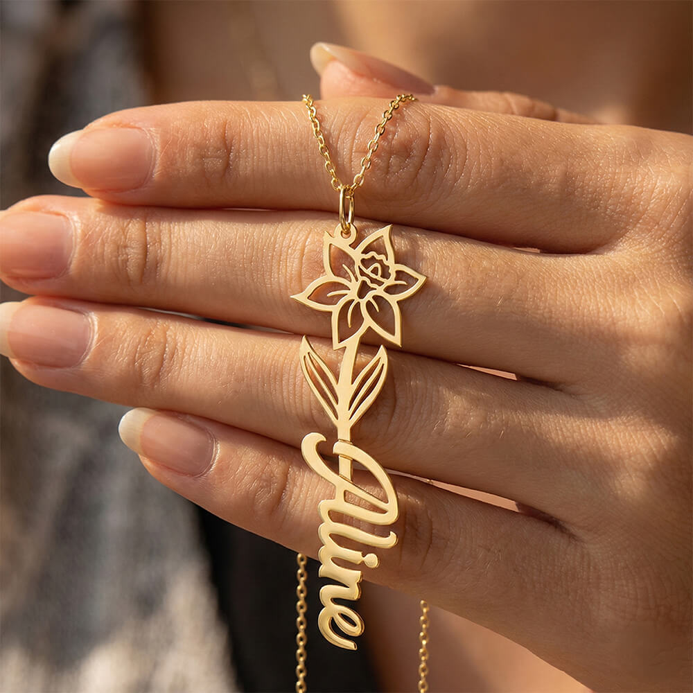 Birth Flower Name Necklace - Silver 925 & Gold 18K | Pegor Jewelry ...