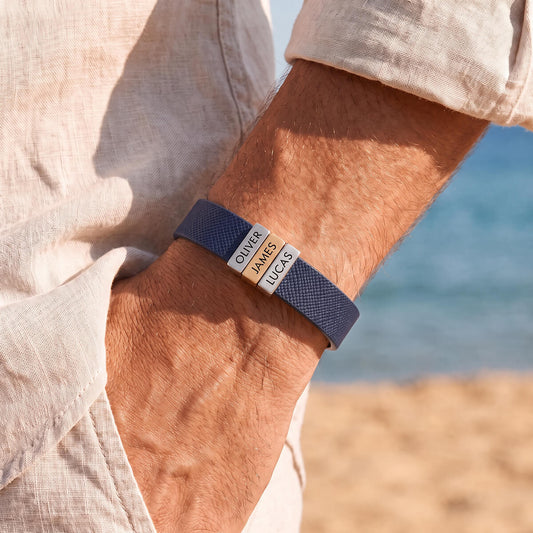 Navy Blue Leather Plates Bracelet