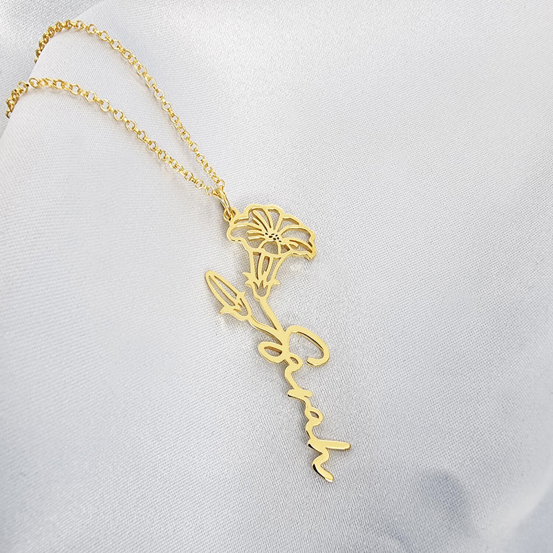 18K Gold Birth Flower Name Necklace Necklace - Pegor Jewelry