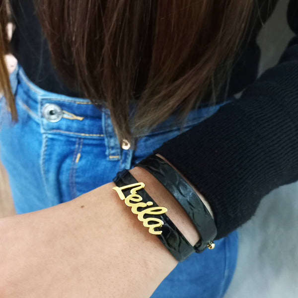 18K Gold Custom Name Leather Bracelet