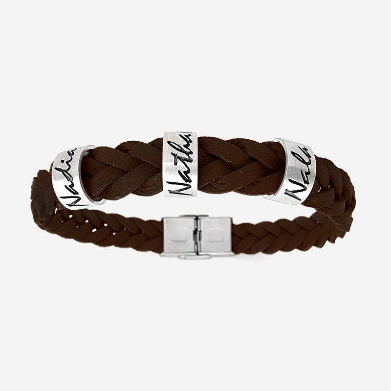 Custom Names Braided Leather Bracelet Bracelet Dark Brown / Small 16-17 cm / 1 Name - Pegor Jewelry