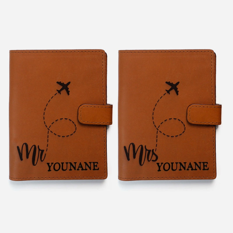Mr. & Mrs. Matching Passport Holders Passport Holder Tan Brown / With Family Names - Pegor Jewelry