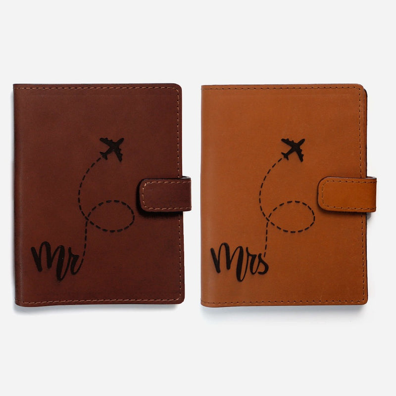 Mr. & Mrs. Matching Passport Holders Passport Holder Tan and Dark Brown / Without Family Names - Pegor Jewelry