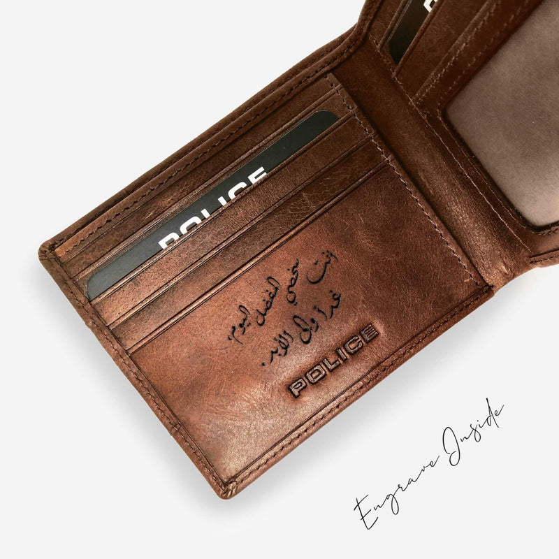 Police Infiniti Bi-Fold Wallet Wallets Brown / Engraved - Pegor Jewelry