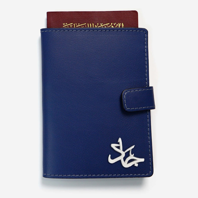 Navy Blue Leather Passport Holder Passport Holder Silver Name - Pegor Jewelry